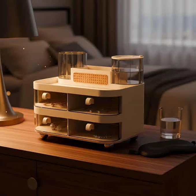 Cosmetic Organizer Makeup Storage Box With Drawers Desktop Vanity Organizer Beauty Holder Rotating Trinket Organizer PET Composition 360‑degree access