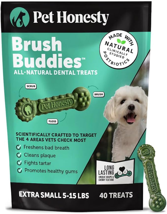 Pet Honesty Brush Buddies All Natural Dog Dental Treats for Dogs – Long Lasting Dental Sticks for Dogs, Teeth Cleaner, Breath Freshener, Plaque & Tartar Remover – Extra Small Dogs (40 Count)