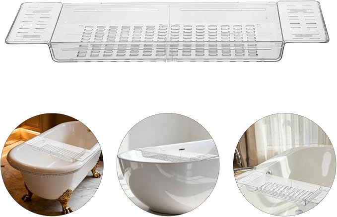 Expandable Bath Tub Tray Caddy with Retractable Design, Pet Plastic Multifunctional Storage Organizer for Spa and Travel, Lightweight Rectangular Bath Shelf for Women