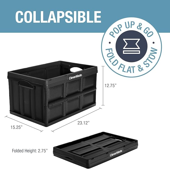 CleverMade Collapsible Storage Bin, No Lid, 16 Gal, Obsidian, 3 Pack | Haul Bulk Groceries and Oversized Gear in Fewer Trips | Each Bin Holds 100 lb, Stacks Securely, and Folds to 2.75 Inches