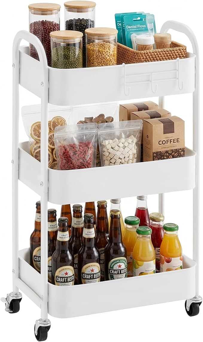 3-Tier Rolling Utility Cart with Caster Wheels,Easy Assembly, White | Easy Assembly, multi-purpose storage trolley for kitchen, rolling cart with smooth caster wheels for bathroom