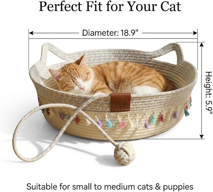 Cat Bed Basket with Play Ball - Cotton Rope Cat Beds for Indoor Cats, Kittens & Medium and Large Cat - Cat Scratching Bed with Decorative Tassels,18.9" L x 18.9" W x 6" Th