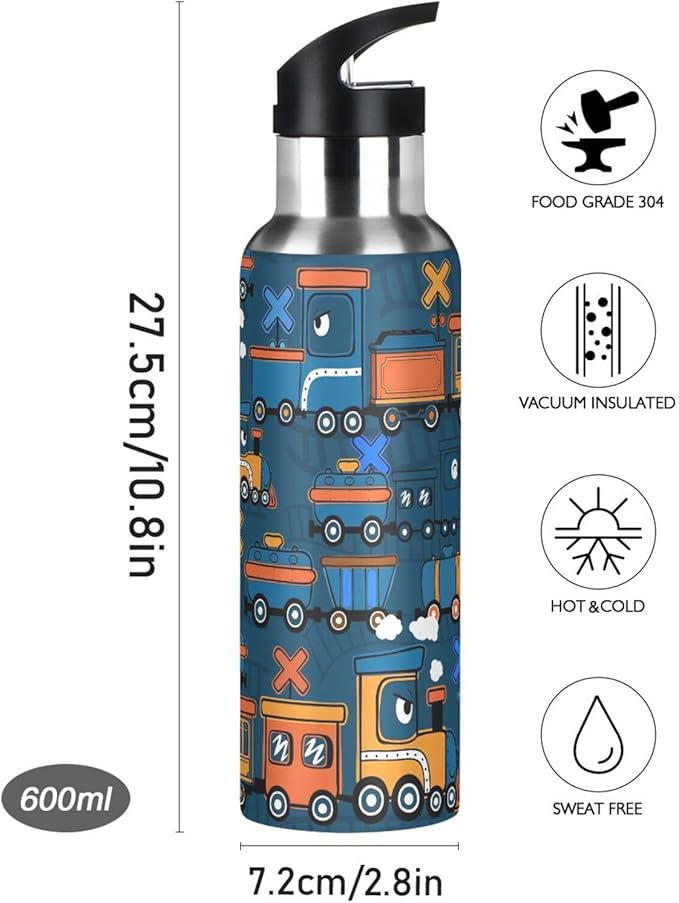 Railway Train Cartoon Water Bottle with Straw Lid Kids Insulated Stainless Steel Water Flask Sports, 20 Oz Hot Cold