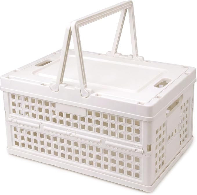 Collapsible Storage Crate, Foldable Plastic Basket with Lid and Handle, Foldable Storage Box Crate Bin for Home Kitchen Office Bathroom Bedroom Pantry (White-Hollow)