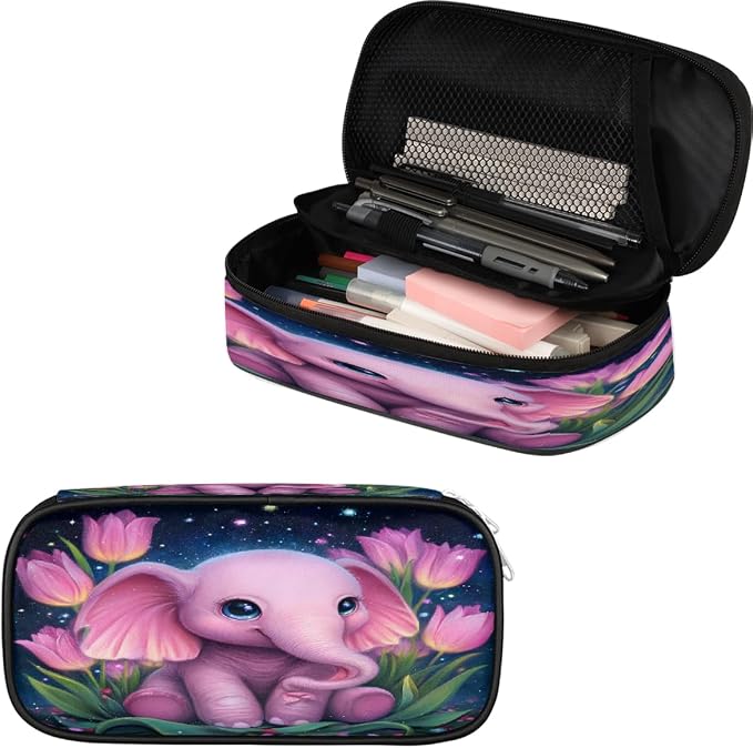 Starry Pink Elephant Tulips Pencil Case Pouch, Big Capacity Waterproof Pen Bag for Students Teens Adults, Large Storage Organizer for Stationery