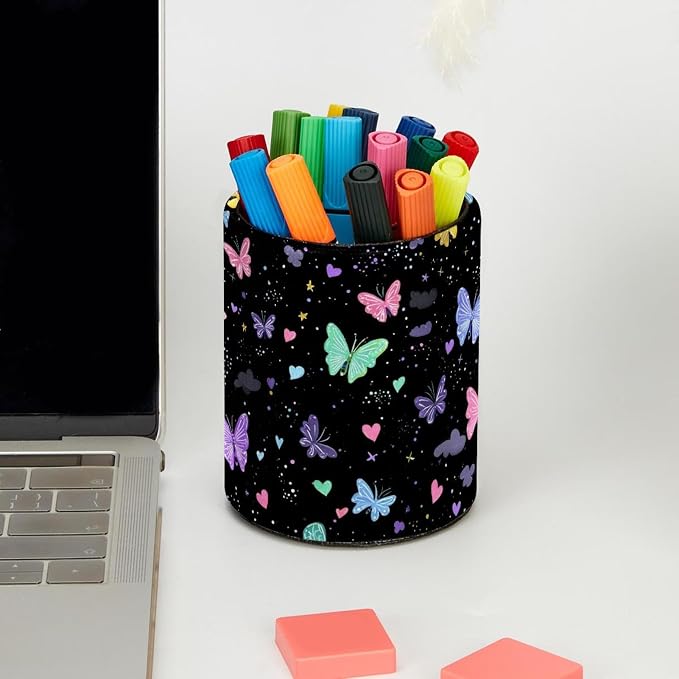 Faux Leather Pen Holder for Desk, Pencil Organizer Colorful Butterflies Pen Cup Desk Decor Makeup Brush Holder Storage for Office Home
