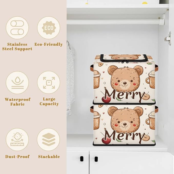 Custom Cute Bear Storage-Bin With Zipper Lid for Kids-Girls-Boys-Baby-Pet,Personalized Name Foldable Storage Box with Handle,Baby Basket With Label for Bedroom Nursery Toy Clothes,Light Yellow