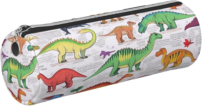 OSAM SPACE Leather Pencil Case Round Pencil Bag Dinosaurs in Various Pen Organizer Holder Portable Zipper Pouch Cute School Supplies for Girls Boys Study Office