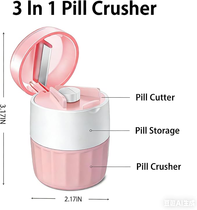 3-in-1 Pill Crusher and Cutter with Storage, BPA-Free Pill Grinder for Fine Powder, Stainless Steel Blade & Grinding Head, Portable Pill Splitter for Elderly, Pets, Travel (Pink)