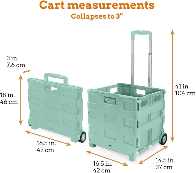 Inspired Living Ultra-Slim Rolling Collapsible Storage Pack-N-Roll Utility-carts, with Telescopic Handle, for Home, Garden, Shopping, Office, School use, Large, Mint