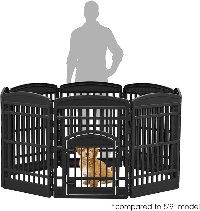 IRIS USA 8-Panel Dog Playpen, Pet Enclosure, Black | Pet Containment, Multi-Shape Setup, Flexible Boundary, Custom Pen Configuration, Tool-Free Assembly, Secure Door Latch