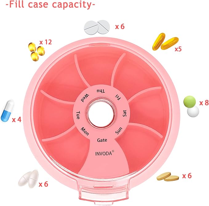 2PCS INVODA Weekly Pill Organizer 7 Compartment Rotating Pill Box for Daily | Cute Round Pill Organizer Fit purse pocket or backpack Portable Travel Pill Case for Fish Oil Supplements Vitamins Medication