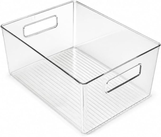 Simhoa PET Storage Box Acrylic Organizer Container Holder Case Stackable Clear Construction for Cosmetics Bottles Jewelry Pieces Small Supplies Easy Cleaning, Transparent, Extra Large (32x23x13cm)