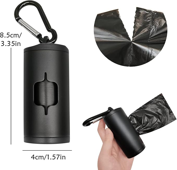 YUCHIYA Aluminum Dog Poop Bags Holder with Carabiner Metal Pet Waste Bags Dispenser with Hook and Loop Fastener and Elastic Cord to Carry Used Bags (Black, 1 Holder 15 Bags)