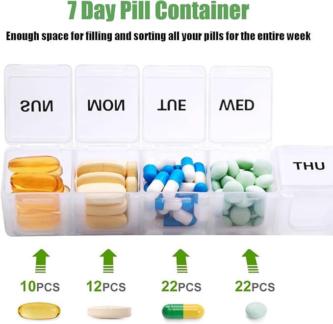 2 Pack Weekly Pill Organizer, Large 7 Day Travel Pill Case (White & Khaki) | Daily Vitamin Case Medicine Box, AM/PM Pill Containers Twice a Day for Medicine Supplements Fish Oil, Portable & Durable