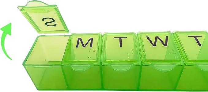 2 Pack Weekly (7-Day) Pill Organizer, 7 Days Pill Case Travel Daily Pill Box Portable Medicine Organizer and Planner with Compartment for Vitamins, Fish Oil, Supplements and Medication (Green&Purple)