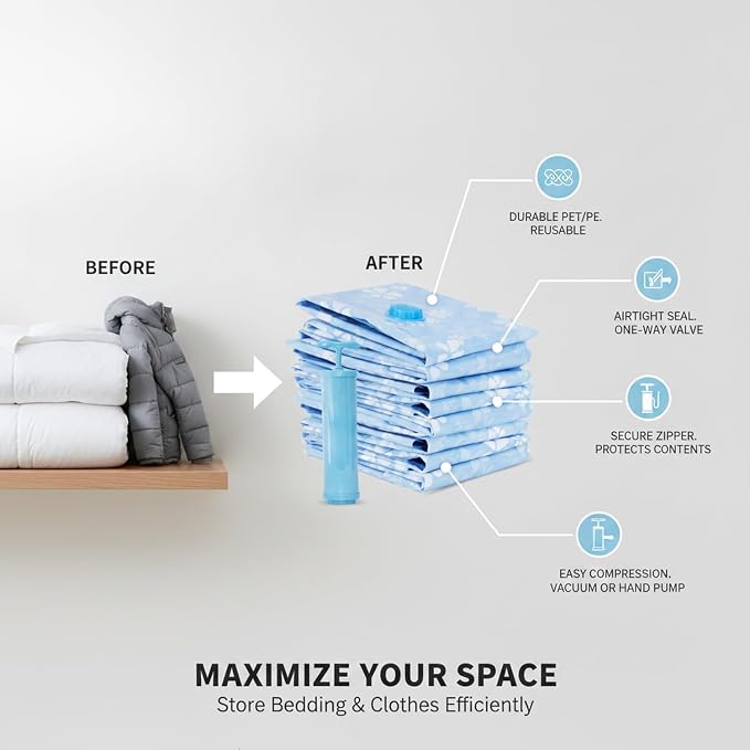 Vacuum Storage Bags, Reusable PET/PE Compression Sacks for Bedding and Clothes, Blue (1 PC)