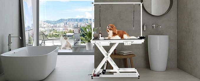 50" Electric Dog Grooming Table for Home, Heavy Duty Height Adjustable Pet Wash Station with Arm, Portable Non-Slip Tabletop, Tool Organizer & USB Outlet, Supports 300lbs for All Pets