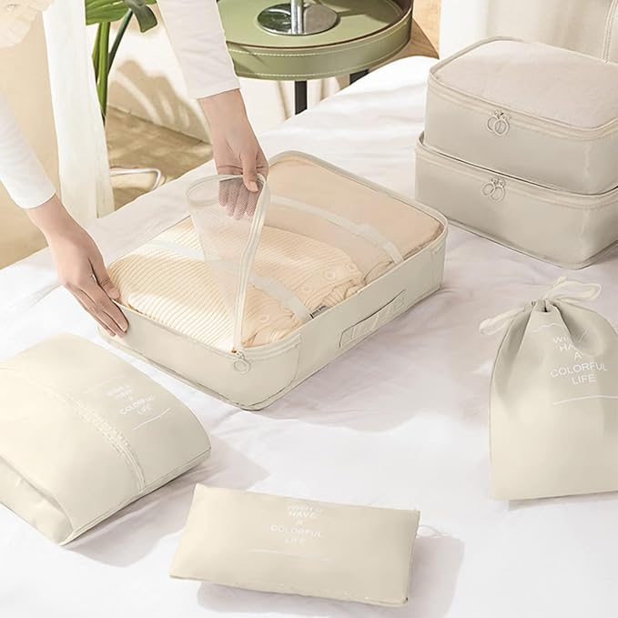 KPX 8 Set Packing Cubes for Travel, Luggage Packing Organizers Accessories Large Toiletries Bag for Clothes Shoes Cosmetics (Beige)