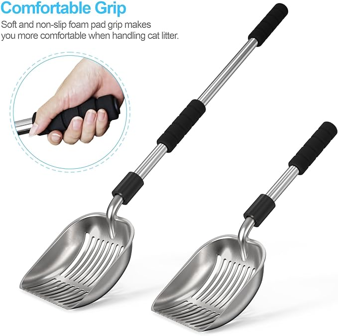 Depets Cat Litter Scoop, Long Handle Metal Litter Scooper - No Bending | Detachable, Deep Shovel, Comfort Foam Grip, Easy & Fast Sifting, Heavy Duty Stainless Steel, Litter Sifter with Storage Hook