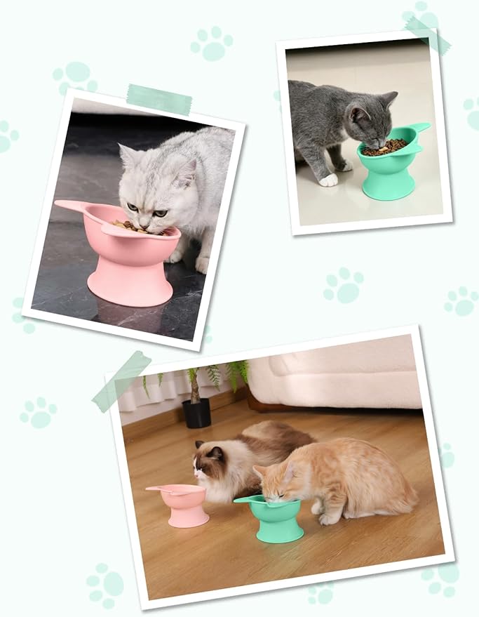 YINEYA Elevated Cat Bowls 2 Pcs, Cat Food Bowl to Protect Neck & Anti-Vomit, Whisker-Friendly Raised Food and Water Bowls Set for Indoor Cats/Small Dogs, Cute Pet Feeding Bowl 6 OZ Each, Pink & Green