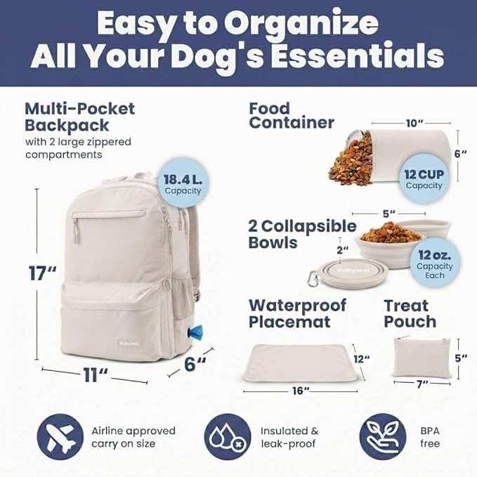 Dog Travel Backpack for Supplies - Dog Diaper Bag with Travel Bowls | 2 BPA-Free Bowls; Food Container & Treat Pouch; Placemat; Laptop Sleeve; Poop Bag Dispenser, Hiking, Camping & Road Trips,