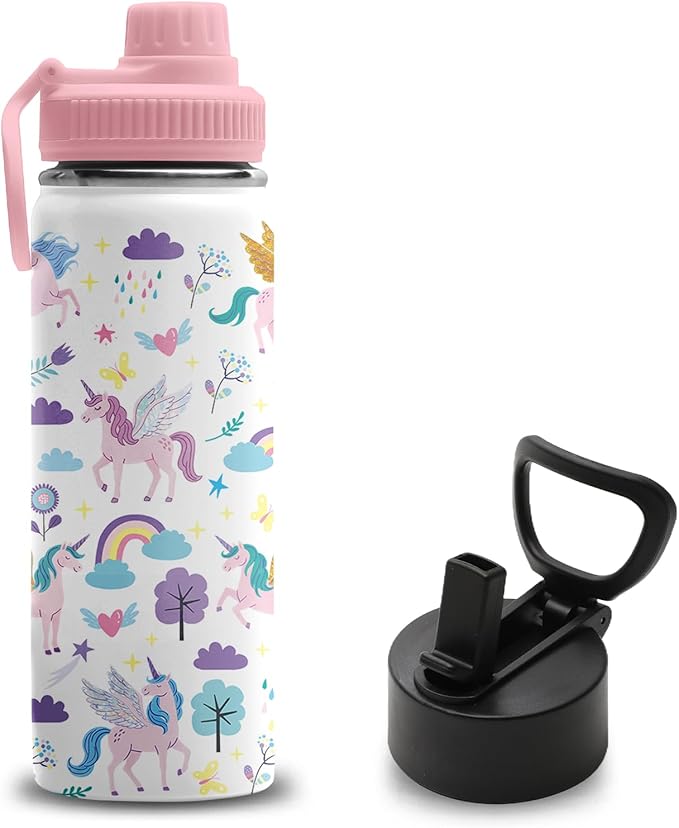 Unicorn Gifts for Girls, 18 oz Stainless Steel Water Bottle with 2 Lids, Insulated Water Bottle with Straw, Cute Cup for School Travel Sports Outdoor, Birthday Gifts for Unicorn Lovers