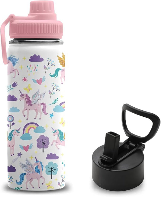 Unicorn Gifts for Girls, 18 oz Stainless Steel Water Bottle with 2 Lids, Insulated Water Bottle with Straw, Cute Cup for School Travel Sports Outdoor, Birthday Gifts for Unicorn Lovers