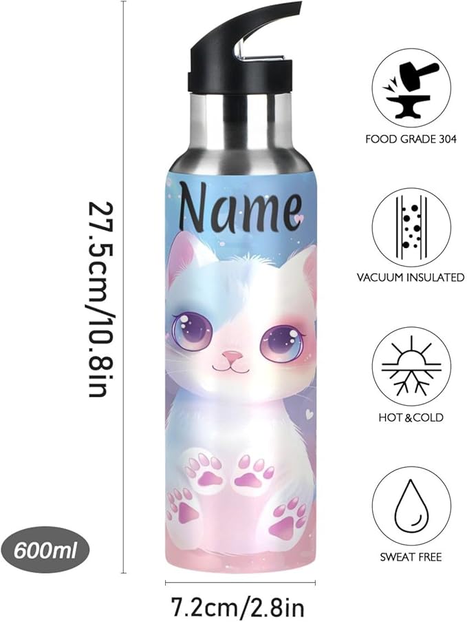 Custom Name Cat Pet Pink Water Bottle with Straw Lid Kids Insulated Stainless Steel Water Flask Sports, 20 Oz Hot Cold