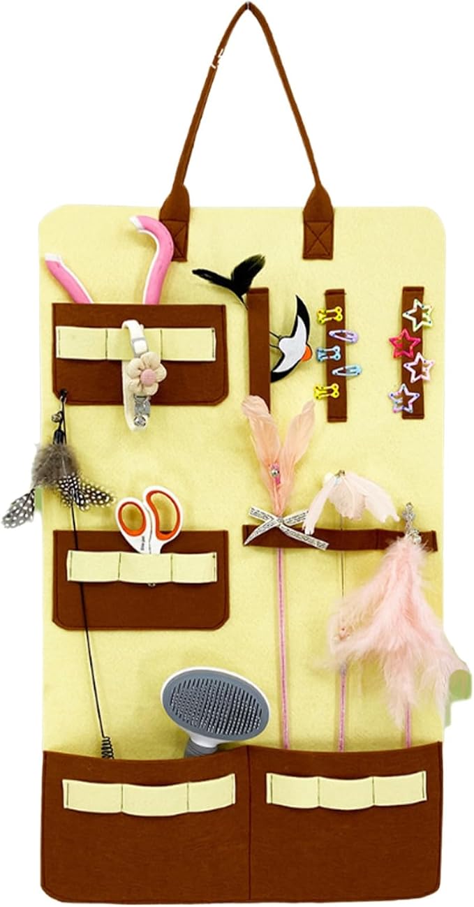 FEESHOW Cat Accessories Storage Bag Hanging Organizer for Cat Wand and Teaser Toys Durable Felt Pet Toy Box for Indoor Kittens Brown One Size