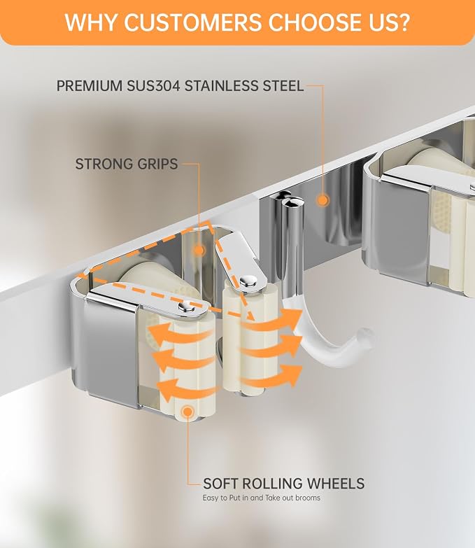 Broom Holder Over The Door with Hooks -304 Stainless Steel (White) | Save Space, Anti-Rust & Sturdy, Mop and Broom Holder Wall Mounted or Hanging Over The Door, for Garage Laundry Kitchen