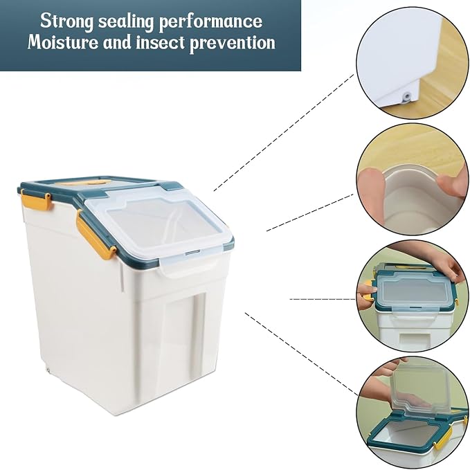 50LB Large Flour Storage Container Bin,2 Pack Airtight Plastic with Wheels Seal Locking Lid Dispenser Organizer Bin with Measuring Cup & Scoop for Flour, Rice, Grain 100LBS Total Capacity(Blue)