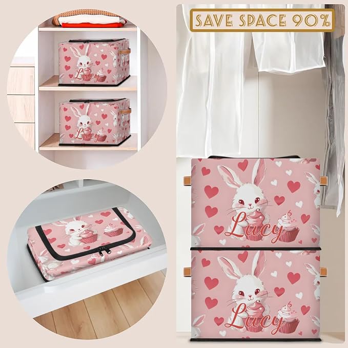 Custom Cute Rabbits Storage-Bin With Zipper Lid for Kids-Girls-Boys-Baby-Pet,Personalized Name Foldable Storage Box with Handle,Baby Basket With Label for Bedroom Nursery Toy Clothes,Pink