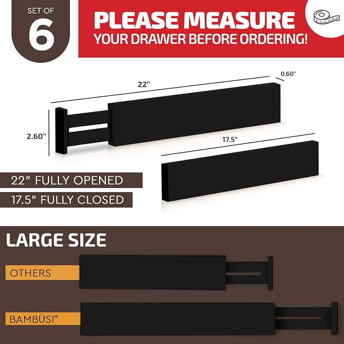 6-Pack Drawer Dividers 2.6-Inch High Dresser Organizer 16 to 22 Inch, Black | Bamboo, Spring Loaded, No Tools Needed, Fits Wide Drawers for Socks, Clothes, Utensils, Bedroom, Bathroom, Kitchen, Office