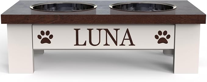 Personalized Dog Bowls Stand for Small Dogs, Wood Elevated Feeding Station | Farmhouse Style, Stainless Steel Dishwasher Safe Bowls, Raised Anti-Slip Feeder, Made in USA