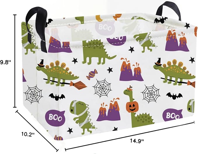 Essme Rectangular Dinosaur Helloween Basket,Kids Storage Bins Organizer with Handles for Room Decor, Gift Basket.(Dinosaur Halloween)