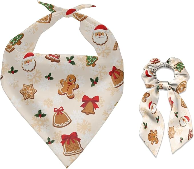 COEQINE Christmas Dog Bandanas Cute Gingerbread Beige Xmas Decor Dog Apparel & Accessories Pet and Owner Matching Outfits with Elastic Hair Tie Organizer Set 2 Pcs for Holiday Costum