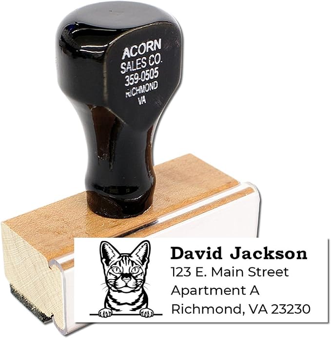 Peeking Ocicat Wood Handle Address Stamp - Personalized Rubber Stamp | Personalized Address Stamp Ocicat. Personalised Address Stamp for Cat Dads. 7/8 by 2-1/4 inch imprint. Nothing to dry out.