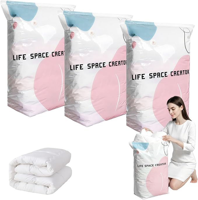 3PCS No Pump Vacuum Storage Bags, No Pump Large Vacuum Storage Compression Bags, Thick Airtight Reusable Organizer for Clothes Comforters Travel Moving Closet Storage (L)