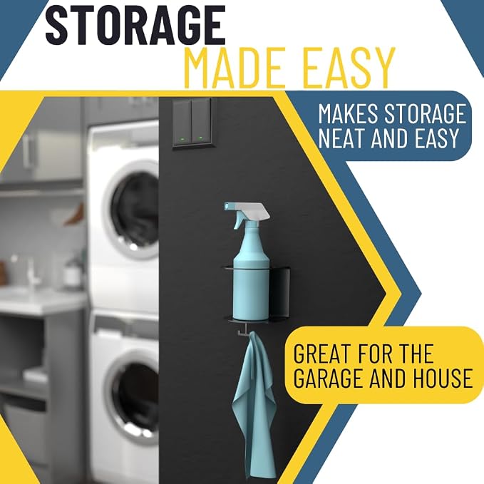 All-Purpose Spray Bottle Holder with Rag Hook | Wall Mount Organizer for Garage, Home & Shop | Heavy-Duty Powder Coated Steel | USA Made | Hardware Included