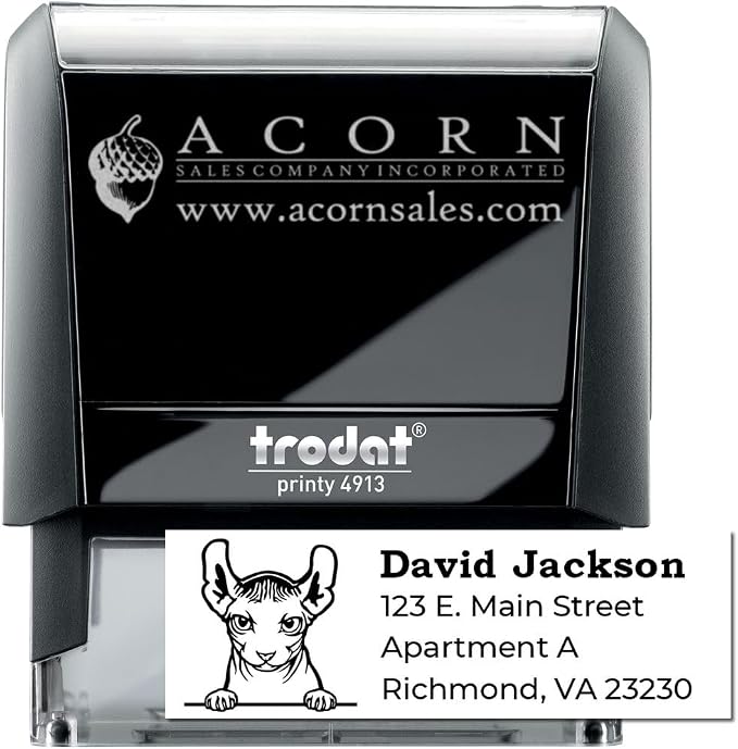Peeking Dwelf Cat Self-Inking Return Address Stamp - Clear Impressions | Personalised Address Stamp for Pet Owners. Rectangular imprint. Made to Order Dwelf Cat Rectangular Address Stamp. 4 lines.