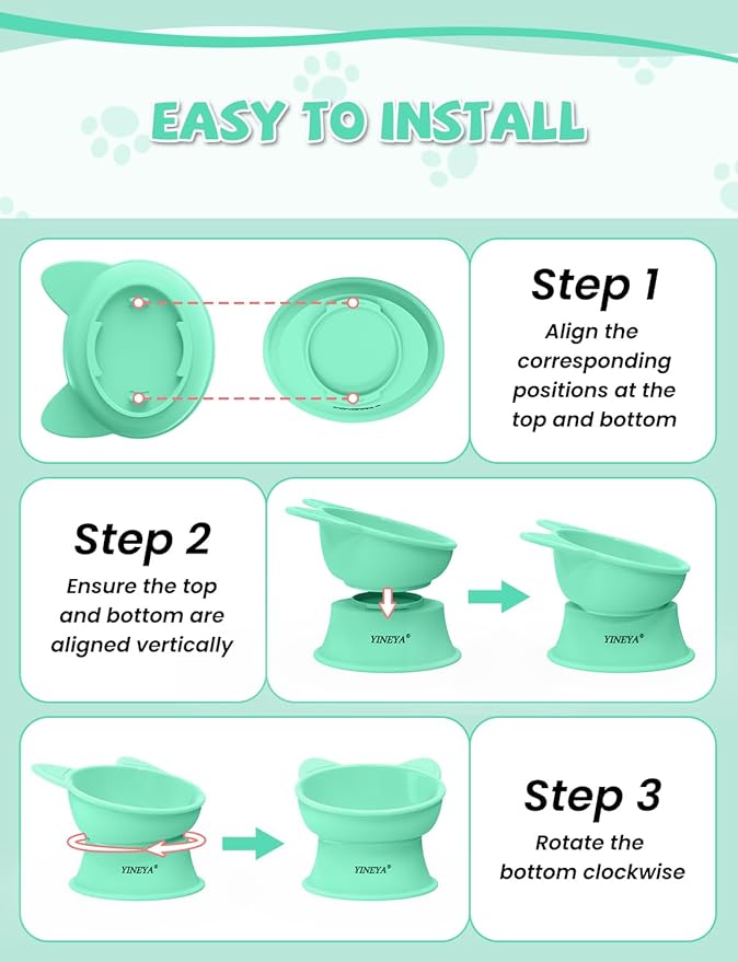 YINEYA Elevated Cat Bowls 2 Pcs, Cat Food Bowl to Protect Neck & Anti-Vomit, Whisker-Friendly Raised Food and Water Bowls Set for Indoor Cats/Small Dogs, Cute Pet Feeding Bowl 6 OZ Each, Pink & Green