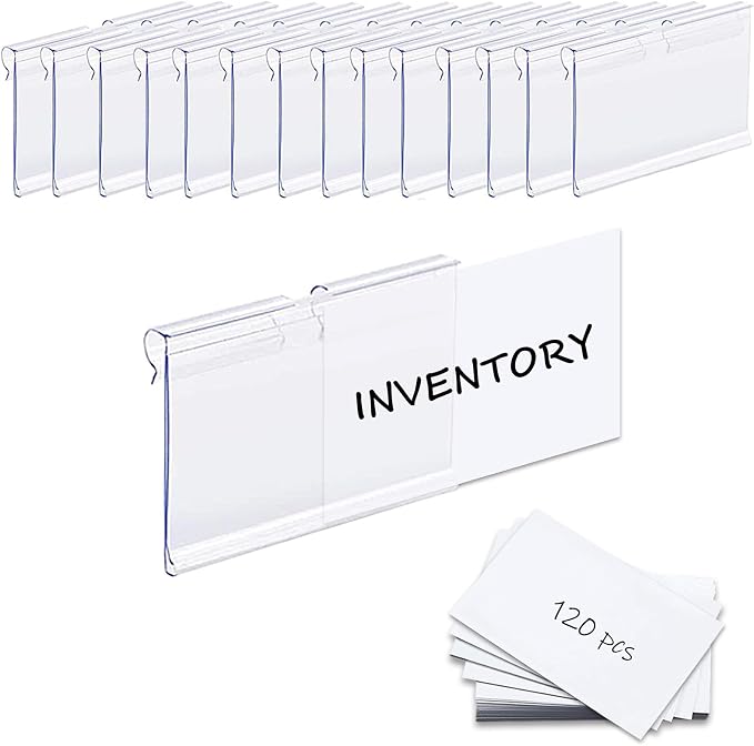 120PCS Basket Bin Labels Clip On,ChanQnTon Clear Plastic Label Holders for Storage Bins, Wire Shelf Price Tags,Merchandise Display Signs,120PCS 6X4CM Paper Inserts Included.(Size:2.36x1.57inch/6x4cm)