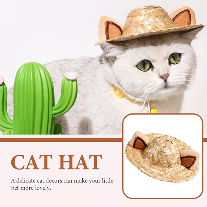 Adorable Summer Cat Hat with Ear Design, Straw, 13cm | Decorative Pet Headwear for Cats, Khaki Creative Style, Safe Comfortable Fit, Halloween Party or Holiday Use
