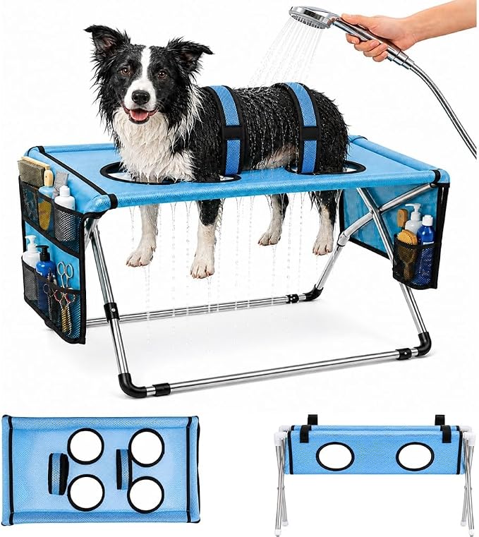 Dog Grooming Hammock Stand, Foldable Dog Bath Holder Sling Shower Chair | Heavy-Duty Pet Bath Stool for Small & Medium Dogs, Home Salon Grooming, Washable Mesh, Joint Support & Restraint(Blue,Pro)