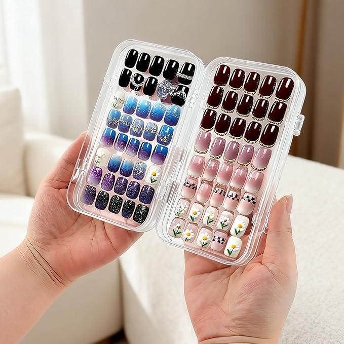 Tri-Fold Press on Nail Storage Box, Clear Organizer with Adhesive Tape | 4-Page design with 30 double sided tape sheets, PET plastic, travel portable case for fake nail art storage display