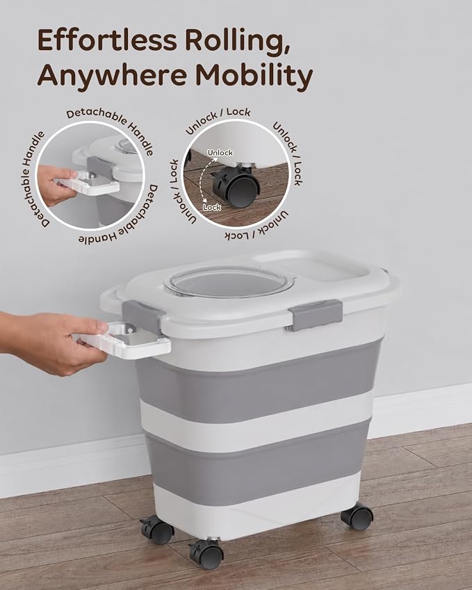 Collapsible Dog Food Container for 10-25 lbs, Airtight Storage Bin | Magnetic Clear Lid with Scoop & Wheels, Space-Saving Design for Dog & Cat Kibble, Rice, Flour,Grey