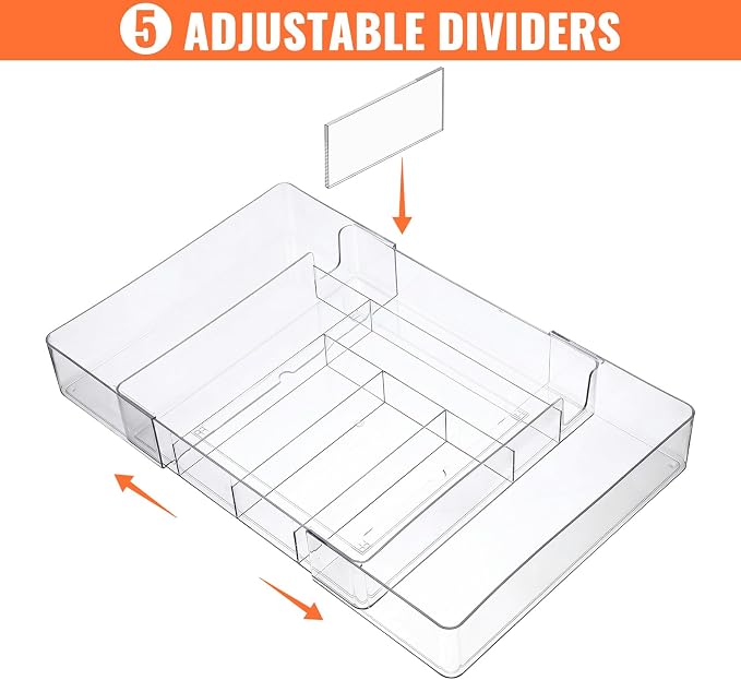 Expandable Drawer Organizer Tray with Adjustable Dividers, Clear PET Storage Box for Office Supplies, Makeup, Jewelry & Vanity, 10 Compartments, 1-Piece Set (10.6" x 15.7", Height 2.3")