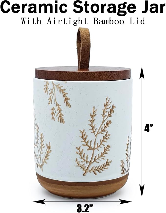 10oz Ceramic Airtight Food Storage Container with Wooden Spoon for Sugar,Matcha,Salt,Coffee,Spices,Cat Treat,Loose Leaf Tea(White Botanical Fern Pattern)