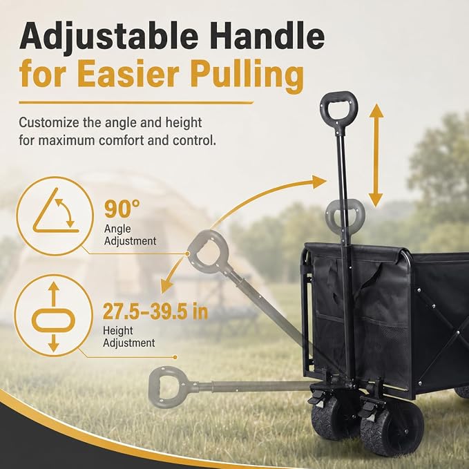 Wagons Carts Foldable Heavy Duty, 600 lb Tank Wheel Wagon with Brakes | Tank wheel utility wagon for groceries, beach, camping, garden and moving; 220L storage, all-terrain wheels and dual brakes